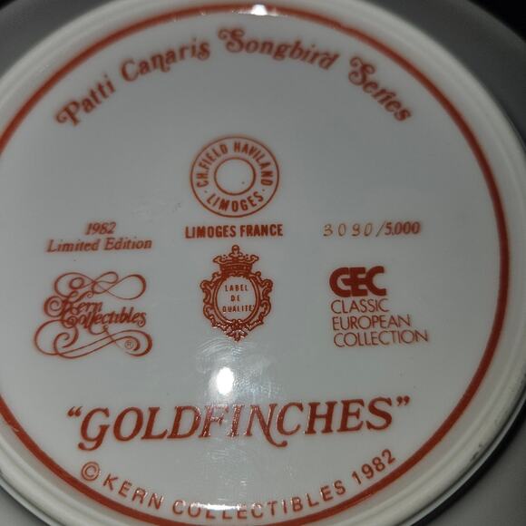 Patti Canaris “Goldfinches” Songbird Series Plate 1982 Limoges France 6.5” - Picture 3 of 3